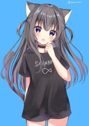 Rule 34 | 1girl, :o, animal ears, black hair, black shirt, blue background, blush, cat ears, cat girl, cat tail, child, choker, flat chest, hamimochi, long hair, looking at viewer, no pants, open mouth, original, oversized clothes, purple eyes, shirt, solo, solo focus, tagme, tail