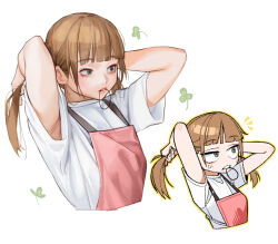 Rule 34 | 1girl, apron, armpit peek, arms behind head, blunt bangs, brown hair, cropped torso, grey eyes, leaf, long hair, mouth hold, multiple views, original, outline, pink apron, rinotuna, shirt, short sleeves, twintails, upper body, white shirt, yellow outline