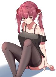 Rule 34 | 1girl, absurdres, black panties, black shirt, black thighhighs, blush, breasts, closed mouth, collarbone, hair ribbon, hashira 14, heterochromia, highres, hololive, houshou marine, knees up, looking at viewer, no pants, panties, red eyes, red hair, red ribbon, ribbon, shadow, shirt, shoulder blush, sitting, solo, strapless, sweatdrop, thighhighs, tube top, twintails, underwear, virtual youtuber, yellow eyes