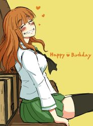 Rule 34 | 1girl, black neckerchief, black thighhighs, blouse, blue jacket, blunt bangs, closed eyes, commentary, english text, facing viewer, from side, girls und panzer, green skirt, grin, happy birthday, heart, highres, jacket, long hair, long sleeves, miniskirt, neckerchief, noumen, ooarai school uniform, orange hair, pleated skirt, sailor collar, school uniform, serafuku, shirt, sitting, skirt, smile, solo, takebe saori, thighhighs, white sailor collar, white shirt, yellow background