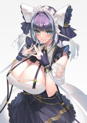 Rule 34 | 1girl, absurdres, animal ears, aqua eyes, azur lane, bare shoulders, blue hair, blush, breasts, cheshire (azur lane), cleavage, closed mouth, commentary request, detached sleeves, hairband, highres, huge breasts, looking at viewer, maid headdress, multicolored hair, puffy sleeves, purple hair, short hair, simple background, smile, solo, streaked hair, wrist cuffs, yamanokami eaka