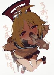 Rule 34 | 1girl, absurdres, ahoge, arrow (symbol), black sailor collar, black skirt, blonde hair, blush, breath, brown cardigan, cardigan, chestnut mouth, commentary request, disembodied hand, from above, half-closed eyes, head back, headgear, highres, knees together feet apart, kootee-on, long sleeves, looking at viewer, messy hair, miniskirt, null-meta, omikuji, on chair, open mouth, paper in mouth, red eyes, rope, sailor collar, school uniform, serafuku, sexually suggestive, shide, shimenawa, shoes, simple background, sitting, skirt, sleeves past wrists, solo, translation request, uozumi kurumi, uwabaki, white background