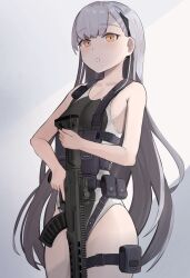 Rule 34 | 1girl, absurdres, ak-alfa, ak-alfa (girls&#039; frontline), bare shoulders, black one-piece swimsuit, blush, breasts, competition swimsuit, cowboy shot, gamryous, girls&#039; frontline, grey background, grey hair, gun, highres, holding, holding gun, holding weapon, long hair, looking at viewer, one-piece swimsuit, orange eyes, pouch, simple background, small breasts, solo, swimsuit, thigh pouch, thighs, weapon