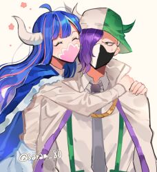 Rule 34 | 1boy, 1girl, ^ ^, antenna hair, bad id, bad twitter id, blue cape, blunt bangs, blush, cape, closed eyes, commentary, commentary request, green overalls, grey necktie, hat, horns, hug, joman, korean commentary, long hair, mask, mouth mask, multicolored hair, necktie, one piece, overalls, page one (one piece), purple hair, shirt, simple background, two-tone hair, ulti (one piece), white cape, white shirt