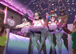 Rule 34 | 3girls, 5boys, against glass, bar censor, black hair, blonde hair, blue hair, breast press, breasts, breasts on glass, censored, closed mouth, collarbone, completely nude, dangling legs, dark-skinned male, dark skin, erection, eyewear on head, fate/grand order, fate (series), fireworks, green male swimwear, green swim trunks, grin, hair ribbon, hair up, half-closed eyes, heart, heart-shaped eyewear, heart-shaped pupils, hetero, interracial, knees together feet apart, ky., large breasts, large penis, long hair, looking at viewer, male swimwear, male swimwear pull, minamoto no raikou (fate), minamoto no raikou (fate/grand order), minamoto no raikou (swimsuit lancer) (fate), multicolored hair, multiple boys, multiple girls, murasaki shikibu (fate), murasaki shikibu (swimsuit rider) (fate), night, nipples, nude, open mouth, parted bangs, partially submerged, penis, pool, purple eyes, purple hair, red hair, ribbon, see-through, sei shounagon (fate), sei shounagon (swimsuit berserker) (fate), sei shounagon (swimsuit berserker) (second ascension) (fate), sex, sex from behind, smile, standing, standing sex, sunglasses, swim trunks, swim trunks pull, symbol-shaped pupils, two side up, v, vaginal, yellow male swimwear, yellow swim trunks