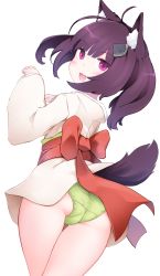 Rule 34 | 1girl, :3, absurdres, ahoge, animal ear fluff, animal ears, arms up, ass, bomitto (zundaffy), brown hair, fox ears, fox tail, from behind, green panties, highres, japanese clothes, kimono, long hair, looking back, obi, open mouth, panties, paw pose, purple eyes, sash, short kimono, simple background, slit pupils, smile, solo, tail, thigh gap, thighs, touhoku kiritan, twintails, underwear, voiceroid, white background, white kimono