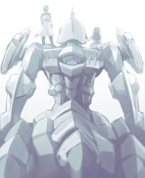 Rule 34 | 1boy, 1girl, absurdres, adeltrud walter, archid walter, brother and sister, centauroid, from behind, greyscale, highres, ishiyumi, jacket, knight&#039;s &amp; magic, long hair, mecha, monochrome, on mecha, on shoulder, robot, siblings, standing, taur, twins, tzendolg, white background