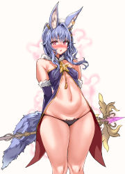 Rule 34 | animal ears, asanagi, black panties, blue hair, blush, cat ear panties, cat lingerie, dog tail, elin, erune, granblue fantasy, highres, holding, holding staff, holding weapon, long hair, looking at viewer, meme attire, open mouth, panties, purple eyes, rabbit ears, simple background, skindentation, staff, tail, tera online, thick thighs, thighs, tikoh, underwear, weapon, white background, wide hips