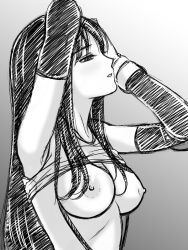 Rule 34 | 1990s (style), 1girl, arms up, breasts, clothes lift, elbow gloves, female focus, final fantasy, final fantasy vii, gloves, large breasts, long hair, monochrome, nipples, retro artstyle, saeki takashi, shirt, shirt lift, sketch, solo, suspenders, tifa lockhart, very long hair
