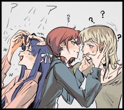 Rule 34 | 3girls, ?, awa subaru, black border, blue eyes, blue hair, blue jacket, blush, border, brown hair, brown shirt, brown sweater, commentary request, eye contact, fang, finger in another&#039;s mouth, girls band cry, grey background, grey eyes, hair ribbon, highres, hood, hood down, hooded jacket, iseri nina, jacket, kawaragi momoka, long sleeves, looking at another, m no harawata, multicolored hair, multiple girls, ribbon, roots (hair), shirt, short hair, short twintails, sidelocks, simple background, sweatdrop, sweater, tongue, tongue out, twintails, white ribbon