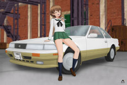 Rule 34 | 1girl, absurdres, acrux, artist logo, black neckerchief, black socks, blouse, blurry, blurry background, brown footwear, brown hair, closed eyes, commentary, dated, depth of field, english commentary, facing viewer, freckles, girls und panzer, green skirt, highres, holding, holding wrench, indoors, loafers, long sleeves, miniskirt, neckerchief, on vehicle, ooarai school uniform, open mouth, panties, pantyshot, pleated skirt, sailor collar, school uniform, serafuku, shirt, shoes, short hair, sitting, skirt, smile, socks, solo, toyota soarer, tsuchiya (girls und panzer), underwear, white panties, white sailor collar, white shirt, wrench
