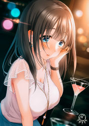 Rule 34 | 1girl, blue skirt, blurry, blurry background, blush, breasts, brown hair, cleavage, cocktail glass, collarbone, commentary request, cup, depth of field, drink, drinking glass, dutch angle, hair between eyes, hand up, long hair, medium breasts, original, parted lips, see-through, see-through sleeves, shirt, short sleeves, signature, sitting, skirt, smile, solo, sweat, tsukana (saba mizore), watch, white shirt, wristwatch
