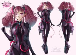 Rule 34 | 1girl, ass, blush, bodysuit, breasts, character name, covered navel, crystalmoonlitt, cyberpunk, demon girl, demon horns, demon tail, ear piercing, highres, horns, ironmouse, large breasts, long hair, looking at viewer, mechanical tail, multicolored hair, navel, piercing, pink hair, pointy ears, purple bodysuit, purple eyes, purple footwear, purple hair, sidelocks, streaked hair, tail, twintails, virtual youtuber, vshojo