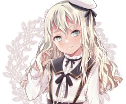 Rule 34 | 1girl, alternate costume, black ribbon, black sailor collar, blonde hair, commentary request, frilled shirt, frills, grecale (kancolle), green eyes, hat, kantai collection, kukimaru, long hair, long sleeves, looking at viewer, neck ribbon, ribbon, sailor collar, sailor hat, shirt, solo, suspenders, upper body, wavy hair, white background, white hat, white shirt