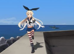Rule 34 | 1girl, aircraft, airplane, animal ears, annin musou, bad id, bad twitter id, black neckerchief, blonde hair, blue sky, boots, commentary request, crop top, day, elbow gloves, fake animal ears, gloves, green eyes, hair between eyes, hairband, kantai collection, long hair, midriff, neckerchief, ocean, open mouth, pleated skirt, rabbit ears, school uniform, serafuku, shadow, shimakaze (kancolle), shirt, sidelocks, skirt, sky, sleeveless, sleeveless shirt, smile, solo, striped clothes, striped thighhighs, thighhighs, walking