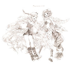 Rule 34 | 2girls, bangle, belt, boots, bow, bow (weapon), bracelet, bun cover, character name, commentary request, detached sleeves, double bun, feathered wings, full body, greyscale, hair bun, jewelry, long hair, looking at viewer, monochrome, multiple girls, open mouth, ragnarok online, ranger (ragnarok online), short hair, shorts, simple background, smile, tokio (okt0w0), very long hair, wanderer (ragnarok online), weapon, wings