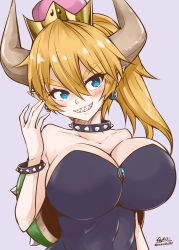 Rule 34 | 1girl, bare shoulders, blonde hair, blue eyes, blush, borrowed character, bowsette, bracelet, breasts, choker, collar, commentary request, crown, dress, earrings, grin, hair between eyes, highres, horns, huge breasts, jewelry, mario (series), new super mario bros. u deluxe, nintendo, pointy ears, ponytail, shell, signature, simple background, sleeveless, sleeveless dress, smile, solo, studded bracelet, studded collar, super crown, upper body, yamato nadeshiko
