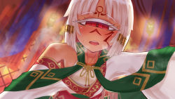 Rule 34 | 1girl, bad id, bad pixiv id, bare shoulders, blurry, blurry background, blush, cyclops, depth of field, facial tattoo, forehead tattoo, gino (gino h), heart, heart-shaped pupils, looking at viewer, one-eyed, original, parted bangs, red eyes, robe, seductive smile, short hair, smile, solo, sweat, symbol-shaped pupils, tattoo, teeth, upper teeth only, uzume (gino), white hair
