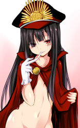 Rule 34 | 1girl, black hair, blunt bangs, blush, bottomless, cape, collar, collarbone, eyes visible through hair, fate/grand order, fate (series), gloves, gradient background, groin, hair over one eye, hat, koha-ace, long hair, looking at viewer, naked cape, navel, oda nobunaga (fate), oda nobunaga (koha-ace), open clothes, out-of-frame censoring, parted lips, peaked cap, red cape, red eyes, sen (astronomy), simple background, sleeveless, smile, solo, stomach, very long hair, white gloves