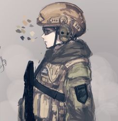 Rule 34 | androgynous, azov battalion, black scarf, closed mouth, color guide, emblem, expressionless, from side, gender request, goggles, grey background, gun, helmet, kikurina, military, military uniform, original, palette (object), patch, russo-ukrainian war, scarf, shoulder patch, simple background, sketch, solo, ukraine, ukrainian text, uniform, upper body, weapon