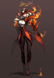 Rule 34 | 10s, 1girl, absurdres, blade &amp; soul, fire, highres, horns, huge filesize, incredibly absurdres, kim hyung tae, long hair, ponytail, red eyes, solo, white hair