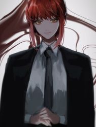 Rule 34 | 1girl, bad id, bad pixiv id, black jacket, black necktie, chainsaw man, closed mouth, eyelashes, highres, jacket, jacket on shoulders, long hair, long sleeves, looking at viewer, makima (chainsaw man), necktie, orange eyes, own hands together, red hair, ringed eyes, shirt, simple background, solo, umenoume, upper body, white shirt