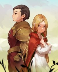 Rule 34 | 1boy, 1girl, armor, back-to-back, blonde hair, blurry, blurry foreground, braid, brown hair, cape, cowboy shot, crossed arms, delita heiral, dress, final fantasy, final fantasy tactics, highres, jiro (ninetysix), long hair, long sleeves, looking back, looking to the side, outdoors, ovelia atkascha, pants, parted bangs, red cape, red pants, red shirt, shirt, short hair, shoulder armor, single braid, vambraces, white dress