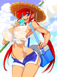 Rule 34 | 1girl, bad id, bad pixiv id, bikini, bikini bottom only, blue eyes, breasts, cleavage, cloud, cooler, covered erect nipples, day, eyebrows, flag, food, front-tie top, hat, highleg, highleg bikini, highres, huge breasts, large areolae, long hair, muscular, nail polish, navel, oekaki, open fly, open mouth, popsicle, red hair, see-through, shirt, shorts, sky, smile, solo, straw hat, sweat, swimsuit, tied shirt, twintails, unbuttoned, unzipped, vrkdh, wet