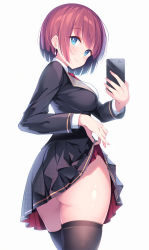 Rule 34 | 1girl, ass, black jacket, black skirt, black thighhighs, blazer, blue eyes, blush, breasts, cellphone, closed mouth, clothes lift, collared shirt, commentary, cowboy shot, dress shirt, earrings, eyelashes, fang, fingernails, from behind, highres, holding, holding phone, jacket, jewelry, kagami (galgamesion), legs together, lifting own clothes, long fingernails, long sleeves, looking at viewer, looking back, medium breasts, miniskirt, nail polish, necktie, no panties, original, phone, pink nails, pleated skirt, red hair, red necktie, school uniform, selfie, shirt, short hair, simple background, skin fang, skirt, skirt lift, smartphone, smile, solo, standing, swept bangs, symbol-only commentary, taking picture, thighhighs, thighs, white background, white shirt, wing collar