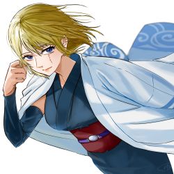 Rule 34 | 1girl, absurdres, blonde hair, blue eyes, closed mouth, detached sleeves, dutch angle, earrings, facial scar, floating hair, gintama, grey kimono, grey sleeves, hair between eyes, highres, japanese clothes, jewelry, kimono, long sleeves, looking at viewer, scar, scar on cheek, scar on face, shinomy, short hair, signature, simple background, sleeveless, sleeveless kimono, solo, standing, tsukuyo (gintama), white background