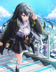Rule 34 | 1girl, absurdres, alice fiction, black footwear, black hair, black jacket, black skirt, cellphone, city, green eyes, hand in own hair, highres, jacket, long hair, neu (alice fiction), one eye closed, phone, ryu.o, scarf, shirt, skirt, sky, smartphone, smile, stairs, weapon, white scarf, white shirt