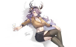 Rule 34 | 1girl, absurdres, antlers, arknights, artist name, black hairband, black skirt, black thighhighs, breasts, cleavage, closed mouth, coldshot (arknights), collarbone, crop top, crossed legs, cup, feet out of frame, garter straps, green hair, hair over one eye, hairband, hand on own knee, highres, holding, holding cup, horns, large breasts, long hair, long sleeves, looking at viewer, miniskirt, navel, purple hair, sitting, skirt, smile, solo, thighhighs, tierla, toned, very long hair