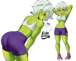 Rule 34 | 1girl, absurdres, armpits, arms up, ass, back, bent over, bike shorts, blush, breasts, cheelai, cleavage, colored skin, commentary, dragon ball, dragon ball super, dragon ball super broly, echo saber, english commentary, full body, green skin, grin, heavy breathing, highres, looking at viewer, looking back, lowleg, lowleg shorts, medium breasts, midriff, multiple views, navel, pigeon-toed, pink eyes, pink footwear, purple shorts, shoes, short hair, shorts, silver hair, skin tight, smile, sneakers, sports bra, sweat, white sports bra