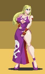 Rule 34 | 1girl, aqua eyes, breasts, cleavage, dress, fatal fury, feet, fighting stance, fingerless gloves, gloves, hand on own hip, heels, highres, jenet behrn, large breasts, legs, long hair, pixel art, serious, snk, solo, tattoo, the king of fighters, the king of fighters xv, thick thighs, thighs