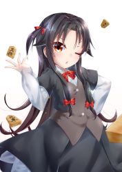 Rule 34 | 10s, 1girl, black hair, black jacket, black skirt, blush, board game, bow, bowtie, brown eyes, brown hair, brown vest, chestnut mouth, collared shirt, commentary request, fingernails, gradient hair, hair bow, hand on own hip, hand up, jacket, layered sleeves, long hair, long sleeves, looking at viewer, multicolored hair, one eye closed, parted bangs, parted lips, red bow, red bowtie, ryuuou no oshigoto!, shirt, shogi, short over long sleeves, short sleeves, shun no shun, sidelocks, simple background, skirt, solo, very long hair, vest, white background, white shirt, yashajin ai