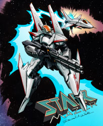 Rule 34 | beam rifle, canards, commentary, energy, energy cannon, energy gun, english commentary, flying, glowing, gunpod, logo, machinery, macross, mecha, mecha-zone, milky way, original, radio antenna, robot, robotech, roundel, science fiction, signature, space, spacecraft, star (sky), star (symbol), starfighter, starr mazer, starr werewolf, starry background, thrusters, trigger discipline, variable fighter, weapon, zero gravity