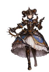 Rule 34 | 10s, 1girl, alpha transparency, arm up, armor, armored boots, armored dress, black footwear, black thighhighs, blonde hair, boots, breastplate, brown eyes, dark fencer (granblue fantasy), djeeta (granblue fantasy), fake horns, full body, gauntlets, granblue fantasy, helmet, holding, holding weapon, horned helmet, horns, looking to the side, minaba hideo, official art, parted lips, shoulder pads, solo, standing, sword, thighhighs, transparent background, weapon