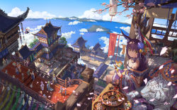 Rule 34 | 6+girls, animal ears, architecture, building, cherry blossoms, cloud, day, detached collar, east asian architecture, flower, food, fox ears, hair flower, hair ornament, japanese clothes, lantern, long hair, miko, multiple girls, original, paper lantern, purple hair, sanyuejiuri, sketch, sky, solo focus, sushi, tiger, white tiger, yellow eyes