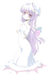 Rule 34 | 1girl, blush, coo (coonekocoo), crescent, dress, female focus, hair ribbon, hand on own chest, hat, highres, kneeling, long hair, patchouli knowledge, purple eyes, purple hair, ribbon, solo, strapless, strapless dress, touhou, white dress