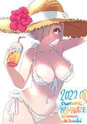 Rule 34 | 1girl, asava (hutaitenn), bikini, blue eyes, breasts, character name, commentary request, cowboy shot, dated, drink, flower, frilled bikini, frills, front-tie top, hair flower, hair ornament, hair over one eye, hairclip, hamakaze (kancolle), hat, highres, kantai collection, large breasts, looking at viewer, one-hour drawing challenge, short hair, side-tie bikini bottom, simple background, solo, straw hat, swimsuit, white background, white bikini, white hair