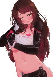 Rule 34 | 1girl, android, blush, breast tattoo, breasts, brown hair, gloves, gradient hair, hair between eyes, heart, heart tattoo, highres, hololive, horns, large breasts, loeldrive, long hair, looking at viewer, mechanical arms, mechanical legs, multicolored hair, navel, no pants, parted lips, pink hair, roboco-san, single horn, solo, tattoo, virtual youtuber, yellow eyes