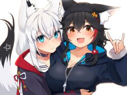 Rule 34 | 2girls, absurdres, ahoge, alternate costume, animal ear fluff, animal ears, black choker, blush, braid, breasts, choker, cleavage, commentary request, cosplay, earrings, fang, fox ears, fox girl, fox shadow puppet, fox tail, frown, green eyes, hair between eyes, highres, hololive, hug, jewelry, long hair, looking at viewer, medium breasts, micon, multiple girls, ookami mio, ookami mio (another ookami mio), ookami mio (cosplay), open mouth, pentagram, shirakami fubuki, shirakami fubuki (loungewear), shirakami fubuki (cosplay), sidelocks, simple background, single braid, skin fang, smile, tail, virtual youtuber, white background, white hair, wolf ears, wolf girl