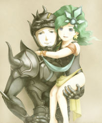 Rule 34 | 1boy, 1girl, armor, b-saku, cape, cecil harvey, closed mouth, commentary request, dark knight (final fantasy), earrings, final fantasy, final fantasy iv, green eyes, green hair, hair ornament, jewelry, leotard, long hair, looking at viewer, rydia (ff4), simple background, smile