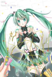 Rule 34 | 1girl, 2020, :o, ai dee (vocaloid), anode electronica (module), blurry, blurry foreground, blush, clothing cutout, confetti, crop top, detached sleeves, green eyes, green hair, happy birthday, hatsune miku, highres, long hair, long sleeves, looking at viewer, midriff, nagitofuu, nail polish, navel, open mouth, party popper, pleated skirt, skirt, sleeveless, sleeveless jacket, thighhighs, twintails, very long hair, vocaloid