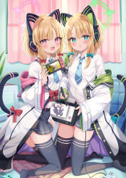 Rule 34 | 2girls, animal ear headphones, animal ears, aris (blue archive), blonde hair, blue archive, blush, cat ear headphones, cat tail, chestnut mouth, fake animal ears, fake tail, fang, halo, handheld game console, headphones, highres, holding, holding handheld game console, jacket, kneeling, midori (blue archive), momoi (blue archive), multiple girls, necktie, nintendo switch, off shoulder, open clothes, open jacket, retsuto, school uniform, shirt, siblings, stylus, tablet pc, tail, thighhighs, thighs, twins, white shirt, yuuka (blue archive), zettai ryouiki