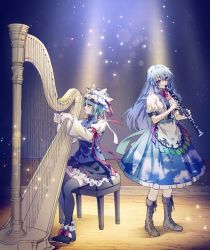 Rule 34 | 2girls, boots, clarinet, cross-laced footwear, from side, harp, hat, here (hr rz ggg), hinanawi tenshi, instrument, light particles, light rays, long hair, multiple girls, music, night, no headwear, playing instrument, profile, shiki eiki, sitting, skirt, thighhighs, touhou
