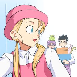 Rule 34 | 1girl, 2boys, bag, bag on head, black hair, blonde hair, blue eyes, blue neckerchief, bow, box, buttons, collared shirt, constricted pupils, dragon ball, dragon ball gt, eyelashes, facing away, gift, gift bag, gradient background, hair behind ear, hair strand, happy, hat, holding, holding box, lado (rado), light smile, long hair, looking back, low twintails, marron (dragon ball), multiple boys, neckerchief, pants, parted lips, pink headwear, polka dot, purple hair, purple pants, red bow, shirt, son goten, spiked hair, sun hat, sweatdrop, tareme, teeth, trunks (dragon ball), twintails, upper teeth only, white shirt