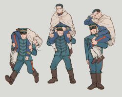 Rule 34 | 2boys, beard stubble, black eyes, cape, carrying, facial hair, facial scar, fireman&#039;s carry, gkyoyo00, golden kamuy, grey background, hat, highres, hood, hood up, hooded cape, long sleeves, loose hair strand, male focus, military hat, military uniform, multiple boys, multiple views, no eyes, no pupils, ogata hyakunosuke, scar, scar on cheek, scar on face, shaded face, short hair, shoulder carry, simple background, standing, stubble, undercut, uniform, wading, white cape