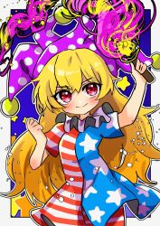 Rule 34 | 1girl, american flag dress, american flag legwear, blonde hair, blush, closed mouth, clownpiece, cowboy shot, dress, hat, highres, holding, holding torch, jester cap, key747h, long hair, one-hour drawing challenge, pantyhose, pink hat, polka dot, polka dot headwear, red eyes, smile, solo, star (symbol), star print, striped clothes, striped dress, striped pantyhose, torch, touhou, wings