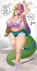 Rule 34 | 1girl, puff of air, arm up, artist name, bangle, bracelet, breasts, claws, cleavage, commentary, crossed bangs, english commentary, english text, full body, gaikiken, green hair, hair between eyes, high heels, highres, holding, holding phone, jewelry, large breasts, large tail, lips, multicolored hair, open mouth, original, phone, pink footwear, plump, pointy ears, purple hair, red eyes, short shorts, shorts, solo, speech bubble, standing, sweat, tail, tank top, thick thighs, thighs, torn clothes, torn legwear, tsurime, twitter username, two-tone hair, wide hips